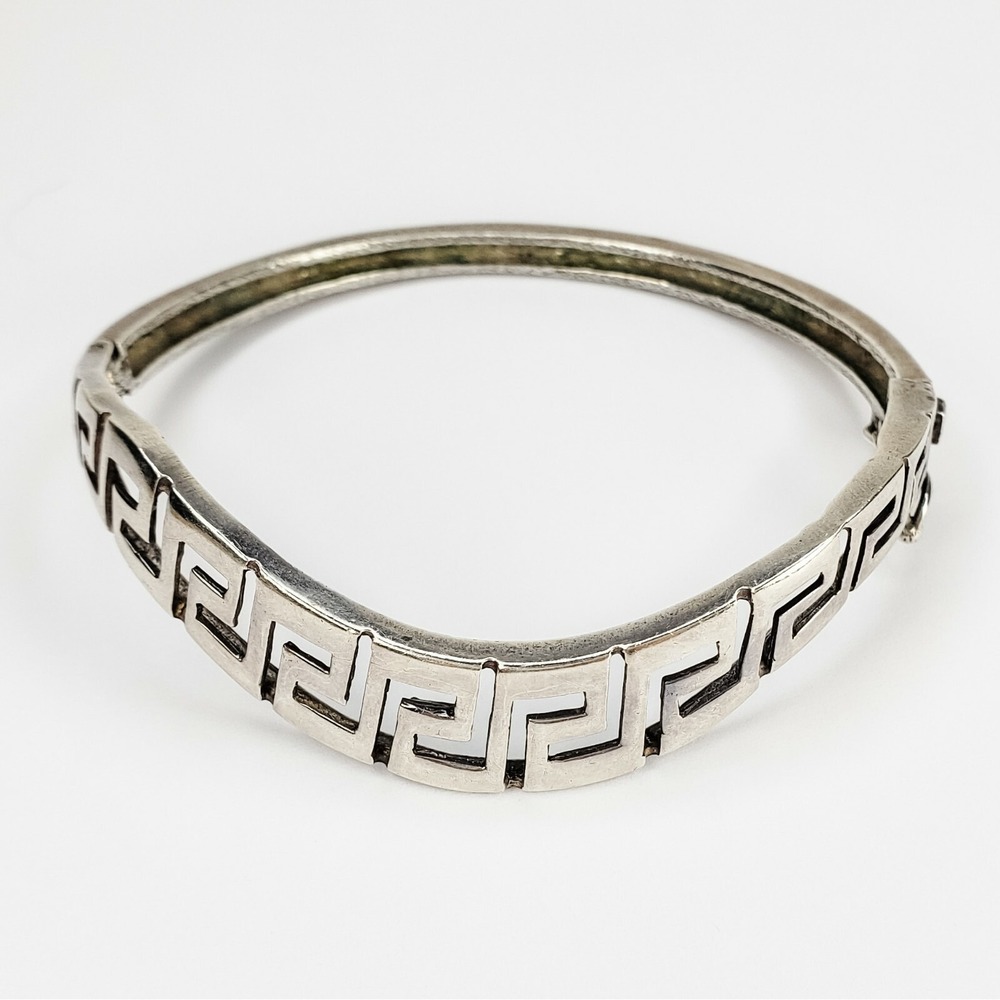 Vintage Bangle Bracelet Sterling Silver 6.75in Silver Greek Key Scroll Hinged
